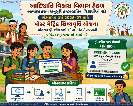 આદિજાતિ વિદ્યાર્થીઓ માટે પોસ્ટ મેટ્રિક ફ્રી-શીપ કાર્ડની ઓનલાઈન અરજી શરૂ (AI GENERATED)