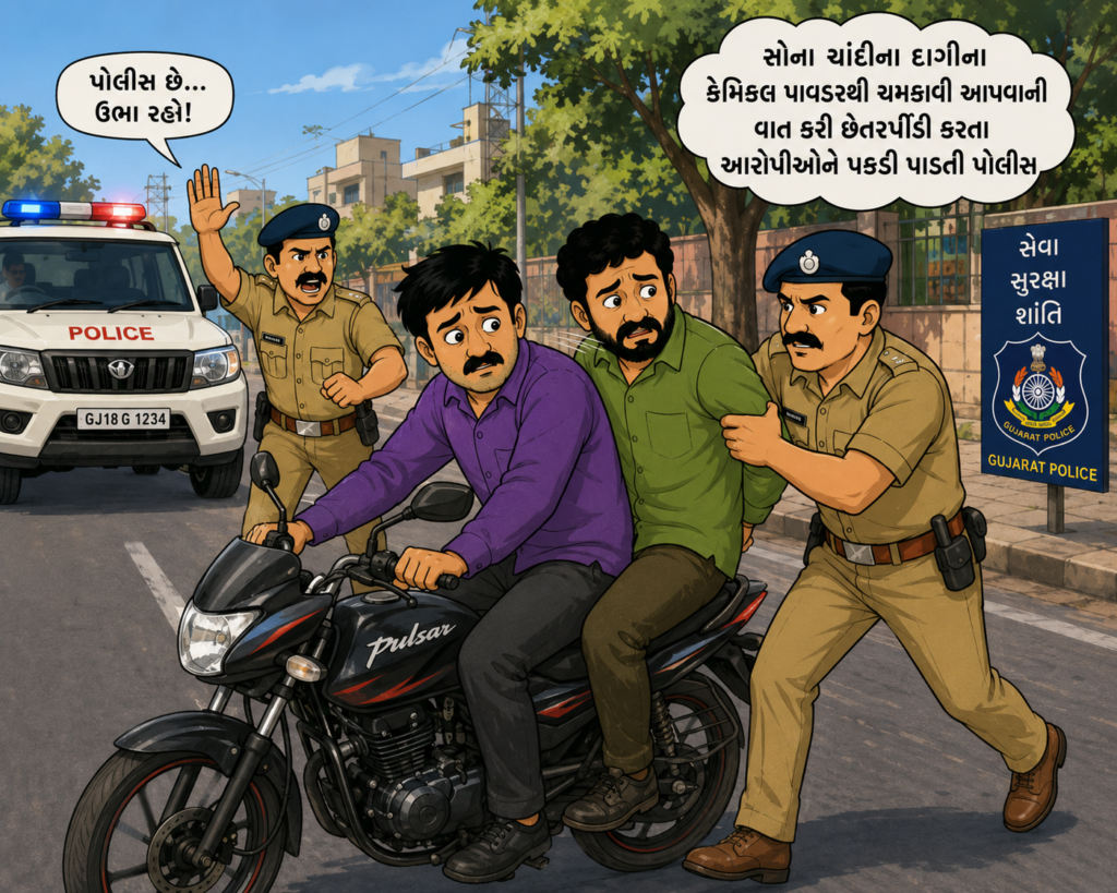 સોના ચાંદીના દાગીના કેમીકલ પાવડરથી ચમકાવી આપવાની વાત કરી છેતરપીંડી કરતા આરોપીઓને પકડી પાડતી એલ.સી.બી. તાપી તથા પેરોલ ફર્લો સ્કોર્ડ તાપી (AI generated)