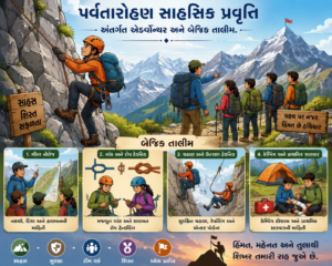 પર્વતારોહણ સાહસિક પ્રવૃત્તિ અંતર્ગત તાપી જીલ્લામાં બાળકો અને યુવાનો માટે એડવેન્ચર અને બેઝિક તાલીમ (ai generated)