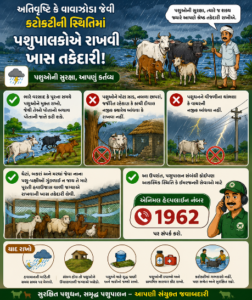 અતિવૃષ્ટિ કે વાવાઝોડા જેવી કટોકટીની સ્થિતિમાં પશુપાલકોએ ભારે વરસાદ કે પૂરના સમયે પશુઓને મુક્ત રાખવા, જેથી તેઓ પોતાનો બચાવ પોતાની જાતે કરી શકે. પશુઓને મોટા ઝાડ, નબળા છાપરાં, જર્જરિત રહેઠાણ કે કાચી દીવાલ નજીક ક્યારેય બાંધવા કે રાખવા નહીં. પશુધનને વીજળીના થાંભલા કે વાયરની નજીક બાંધવા નહીં. ઘેટાં, બકરાં અને મરઘાં જેવા નાના પશુ-પક્ષીઓ ગૂંગળાઈ ન જાય તે માટે પૂરતી હવાઉજાસ વાળી જગ્યાએ રાખવાની ખાસ તકેદારી લેવી. આ ઉપરાંત, પશુપાલન સંબંધી કોઈપણ આકસ્મિક સ્થિતિ કે ઇમરજન્સી સેવાઓ માટે એનિમલ હેલ્પલાઇન નંબર ૧૯૬૨ પર સંપર્ક કરવા