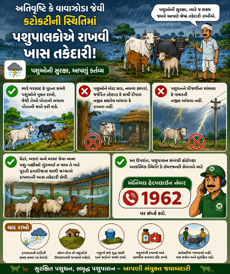 અતિવૃષ્ટિ કે વાવાઝોડા જેવી કટોકટીની સ્થિતિમાં પશુપાલકોએ ભારે વરસાદ કે પૂરના સમયે પશુઓને મુક્ત રાખવા, જેથી તેઓ પોતાનો બચાવ પોતાની જાતે કરી શકે. પશુઓને મોટા ઝાડ, નબળા છાપરાં, જર્જરિત રહેઠાણ કે કાચી દીવાલ નજીક ક્યારેય બાંધવા કે રાખવા નહીં. પશુધનને વીજળીના થાંભલા કે વાયરની નજીક બાંધવા નહીં. ઘેટાં, બકરાં અને મરઘાં જેવા નાના પશુ-પક્ષીઓ ગૂંગળાઈ ન જાય તે માટે પૂરતી હવાઉજાસ વાળી જગ્યાએ રાખવાની ખાસ તકેદારી લેવી. આ ઉપરાંત, પશુપાલન સંબંધી કોઈપણ આકસ્મિક સ્થિતિ કે ઇમરજન્સી સેવાઓ માટે એનિમલ હેલ્પલાઇન નંબર ૧૯૬૨ પર સંપર્ક કરવા