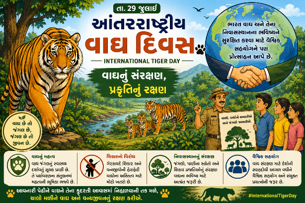 29 જુલાઈ : આંતરરાષ્ટ્રીય વાઘ દિવસ : વાઘ સંરક્ષણ અંગે જાગૃતિ ફેલાવવા અને તેના કુદરતી નિવાસસ્થાનને બચાવવા વૈશ્વિક સ્તરે ઉજવણી AI generated